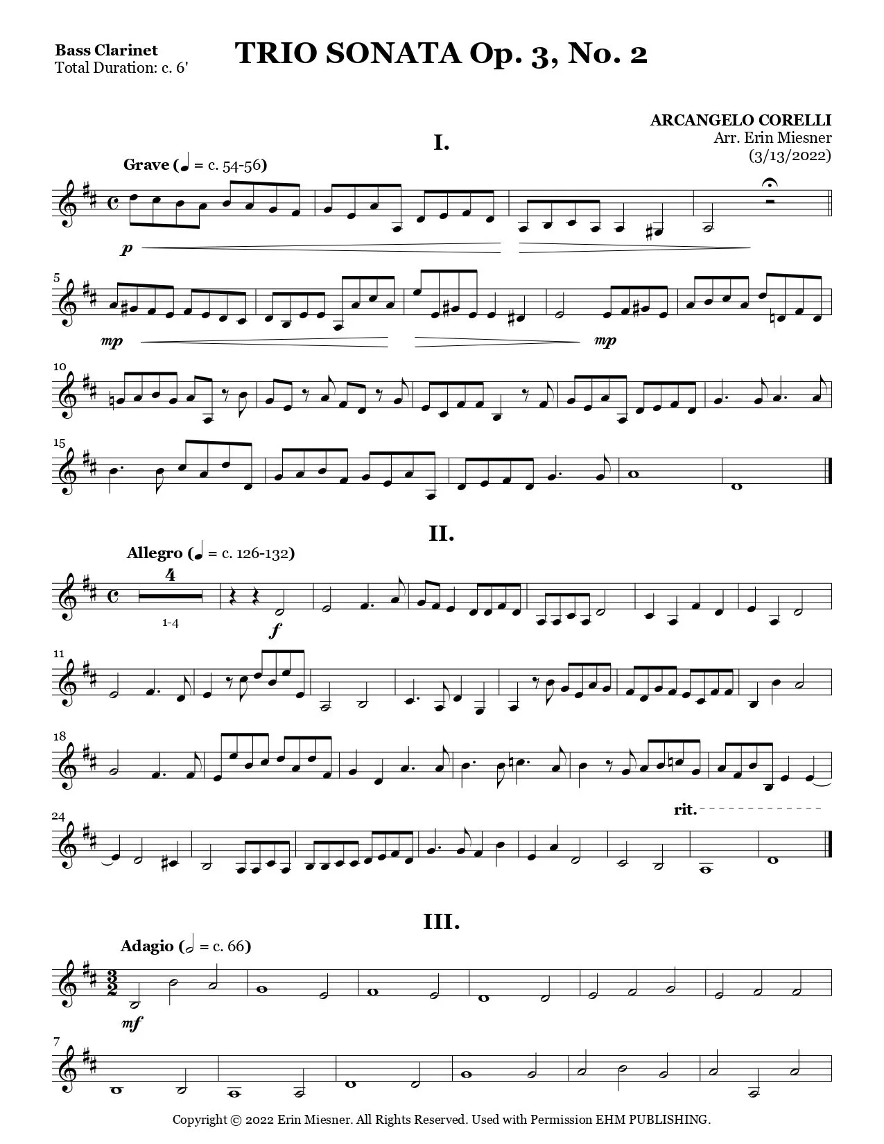 Corelli Trio Sonata Op. 3, No. 2 for Clarinet Trio — EHM Publishing